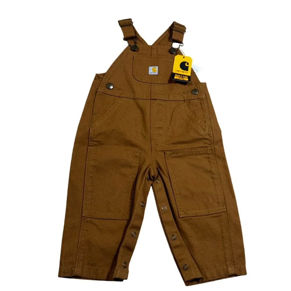 Carhartt Canvas Bib‎ Overalls Baby 9M Brown NEW OX8609-B Loose Fit Snap Leg